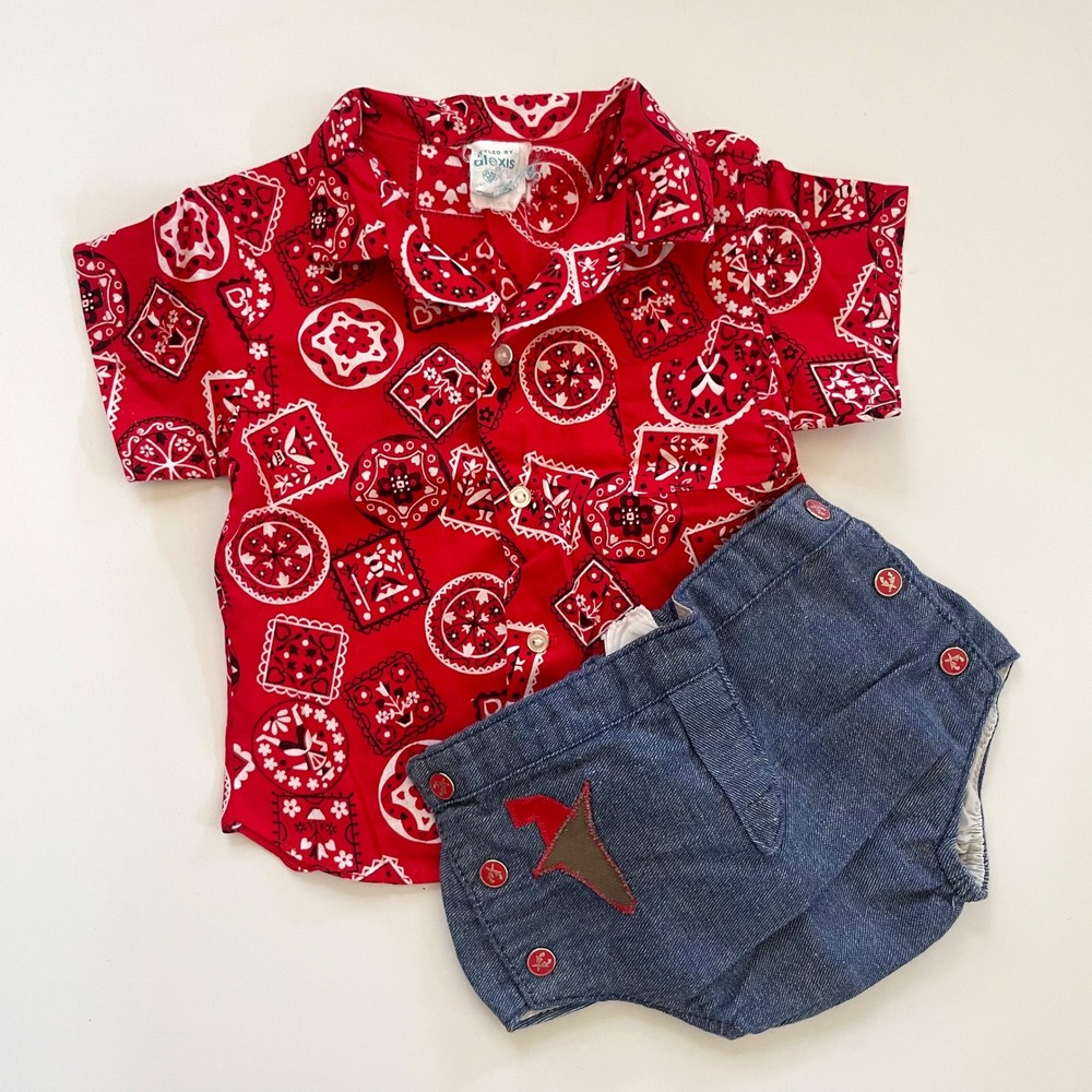 Vintage 60s Red Bandana Western Shirt Chambray Diaper Cover Set 2PC Americana